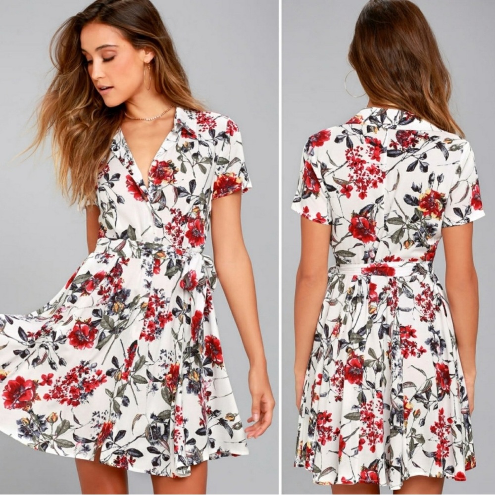 Lulus Floral Shirt Dress Large White Red Belted Fit Flare Mini Dress